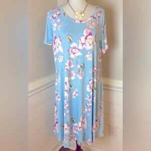 Floral Tropical Dress 2XL Light Blue Flowers Tropical Beach Hawaiian Midi Korsis